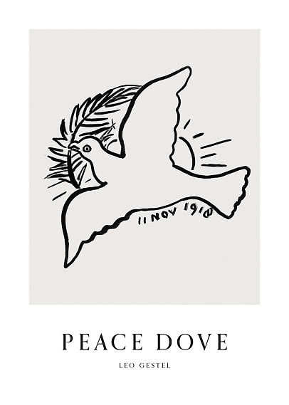 Minimalistisk plakat med sort stregtegning af flyvende due og teksten Peace Dove af Leo Gestel