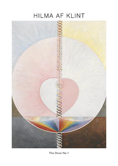 Poster med Hilma af Klints abstrakta verk The Dove No.1 med stor cirkel, spiral och mjuka pastellfärger