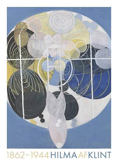 Abstraktes Hilma af Klint-Poster mit Kreisen, Spiralen und geometrischen Formen in Blau, Weiß und Gelb