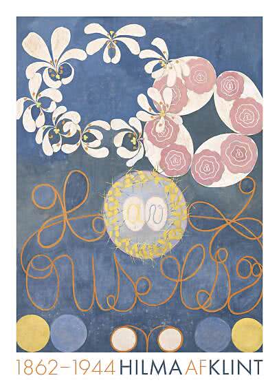 Affiche d’art abstrait avec fleurs blanches, cercles roses et lignes orange sur fond bleu.