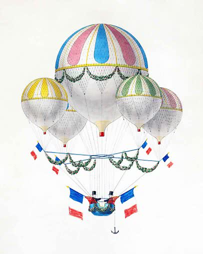 Illustration bunter Heißluftballons mit französischen Fahnen und kleinem Korb darunter