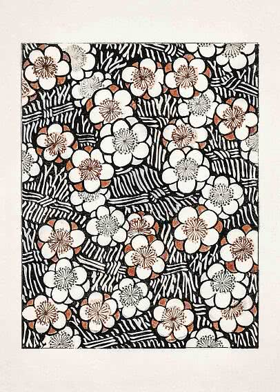 Blumenmuster mit weißen Blüten und schwarz gestreiften Blättern mit kupferfarbenen Details