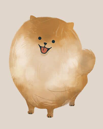 Illustrazione di un cane marrone tondo e soffice con sorriso e coda arricciata