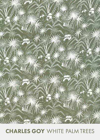 Olivgrünes Muster mit weißen Palmen und kleinen Häusern, Charles Goy White Palm Trees