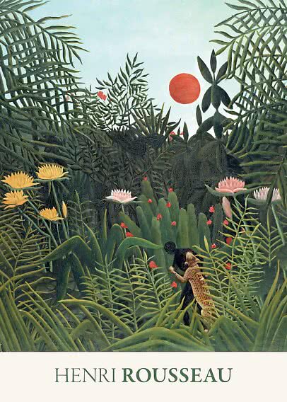 Henri Rousseau-plakat med frodig jungle, rød sol, blomster og to figurer i højt græs