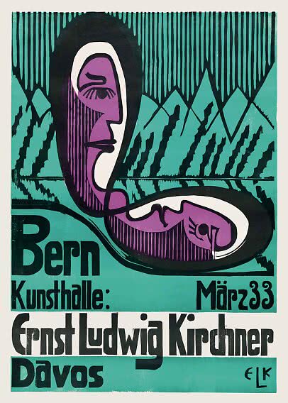 Abstract turquoise and purple poster with stylized face and reclining figure, text for Ernst Ludwig Kirchner