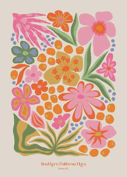 Buntes Blumenposter mit stilisierten Blumen und dem Text „Southern California flora“