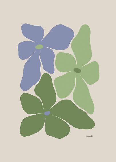 Póster floral abstracto con grandes flores azules y verdes sobre fondo beige