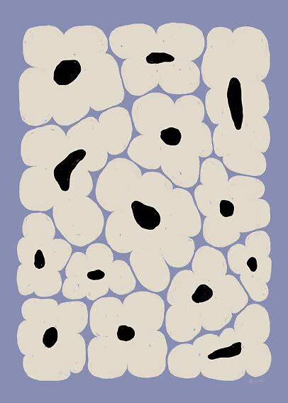 Abstract floral pattern with large cream-white flowers and black centers on a light purple background