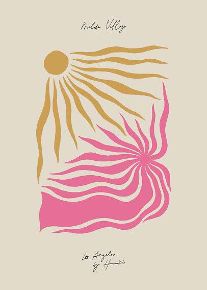 Abstract poster with yellow sun rays and pink wave flower on beige background