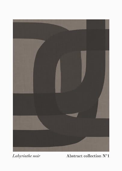 Abstrakt plakat med sorte, buede former og blokke på beige baggrund