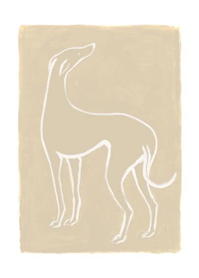 Illustration minimaliste d’un chien beige aux contours blancs