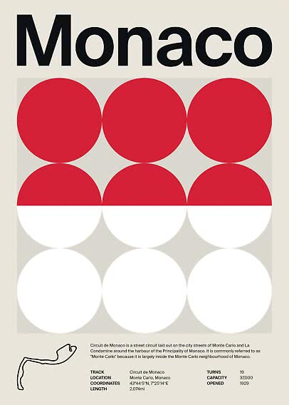 Grafisches Monaco-Poster mit roten und weißen Kreisen, Streckenverlauf und Infos zum Circuit de Monaco