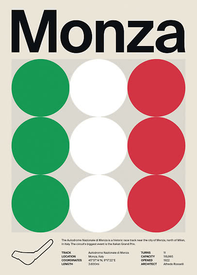 Grafisk Monza-plakat med grønne, hvide og røde cirkler samt banekort og tekst nederst.