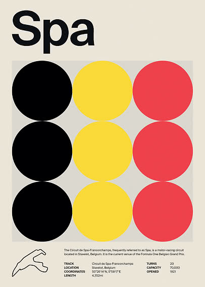 Graphic Spa poster with nine black, yellow and red circles and a small track outline at the bottom.