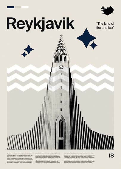 Reiseposter von Reykjavik mit Hallgrímskirkja, Island-Silhouette und "The land of fire and ice"