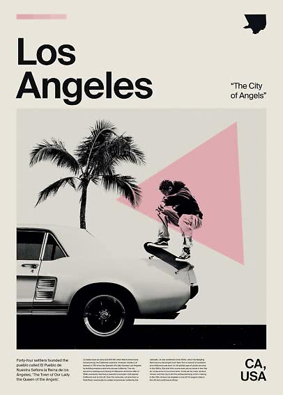 Los Angeles poster with palm tree, classic car and skateboarder in black and white with pink accents.