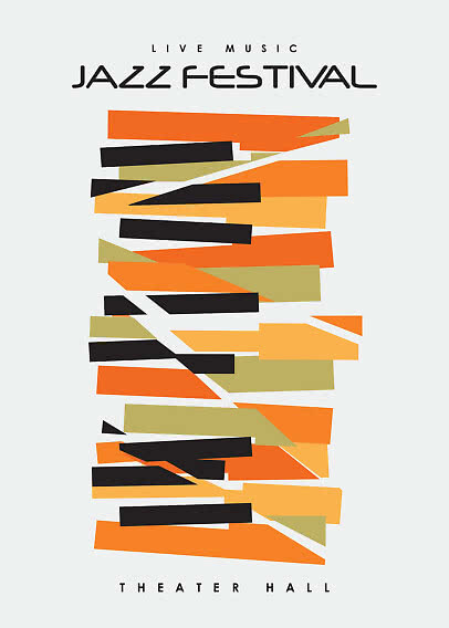 Abstraktes Poster für ein Live-Jazzfestival mit orangefarbenen, schwarzen und beigen Formen, Text Theater Hall