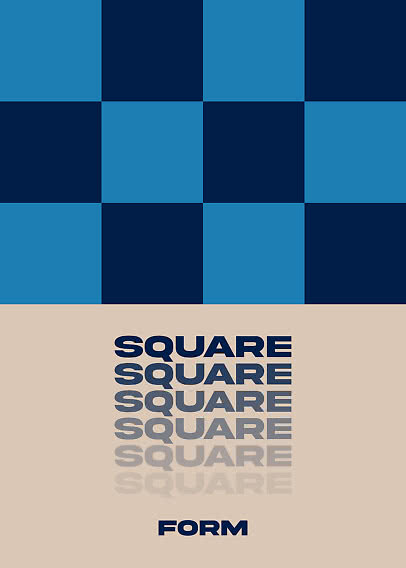 Grafisches Poster mit blauem Quadratmuster und mehrfacher "SQUARE"-Schrift über "FORM" auf Beige.