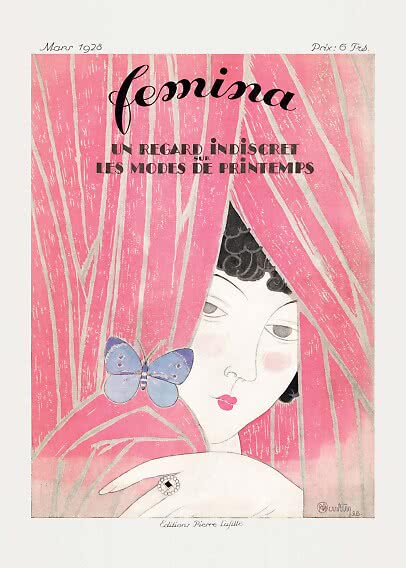 Art-déco-Magazincover mit Frau hinter rosa Vorhängen und blauem Schmetterling