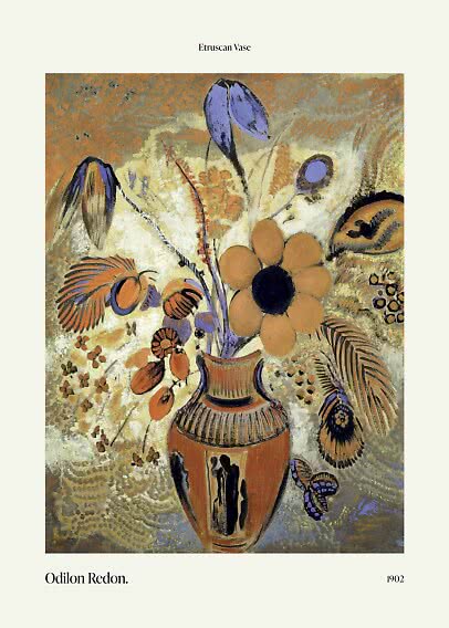 Illustration d’un vase étrusque avec des fleurs fantaisistes en violet, orange et beige.