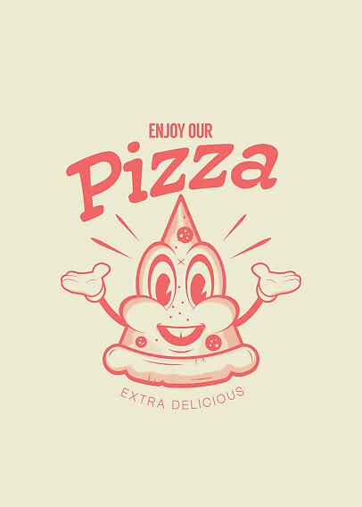 Ilustración retro de pizza con porción sonriente y texto "Enjoy Our Pizza Extra Delicious"