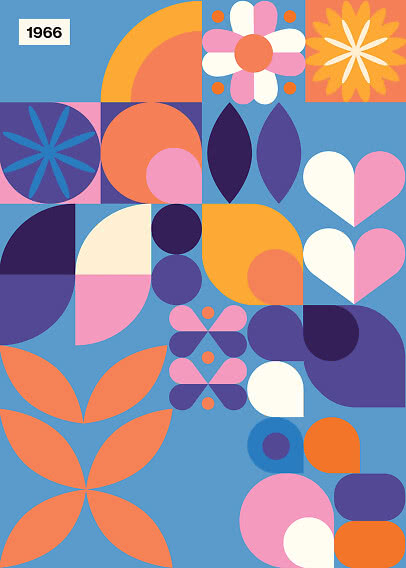 Buntes Retro-Muster mit Blumen, Herzen und geometrischen Formen auf blauem Hintergrund, mit 1966