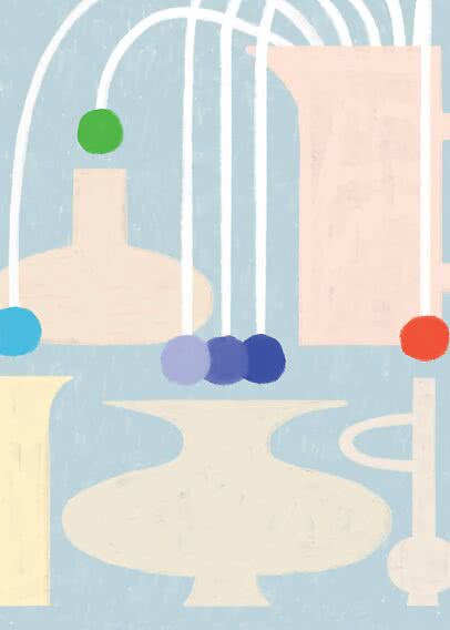 Abstrakt illustration med lyse former, buede hvide linjer og farvede cirkler på lyseblå baggrund