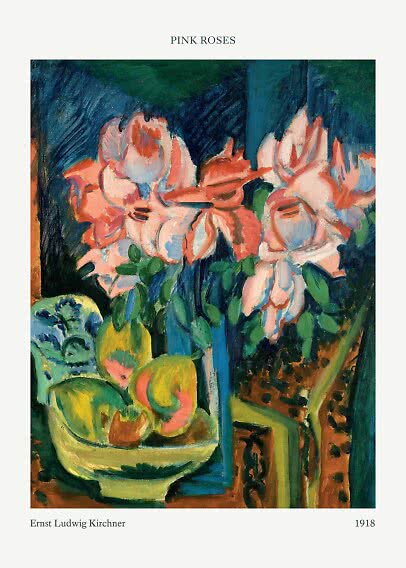 Expressive painting of pink roses in a vase with a green bowl and dark blue background.