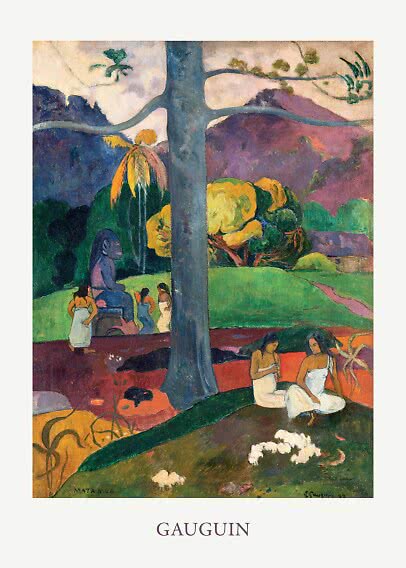 Farbenfrohes Gauguin-Gemälde mit Frauen, einem Kind und großem Baum in üppiger Landschaft