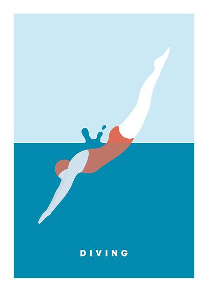 Minimalistische poster van een persoon die het water induikt, met onderaan de tekst "DIVING".