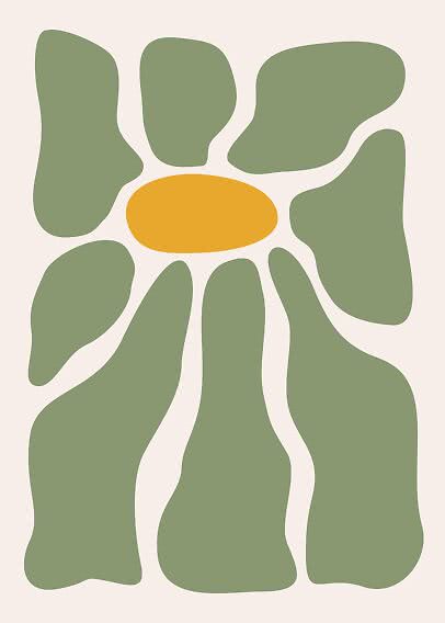Abstraktes Blumenmotiv mit grünen Blättern und gelber Mitte auf hellem Hintergrund