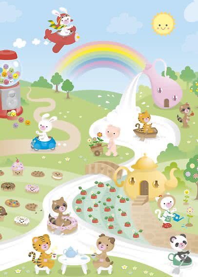 Bunte Illustration mit Tieren in einer Fantasielandschaft mit Regenbogen, Teekannenhaus und Erdbeerbeet.