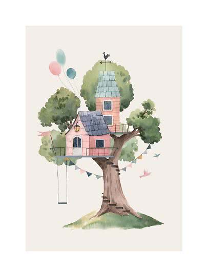 Watercolor of a pink treehouse with swing, balloons, and bunting in a leafy tree