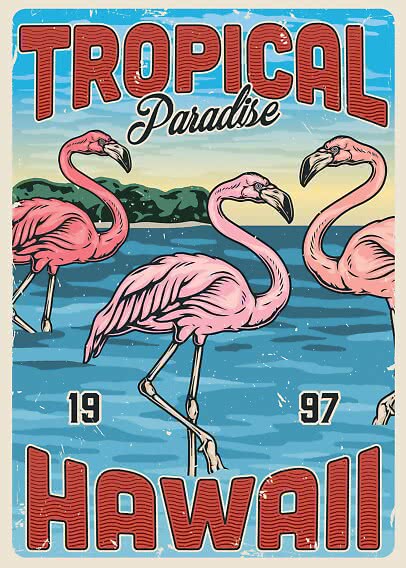 Retro poster with pink flamingos in water and the text Tropical Paradise Hawaii 1997