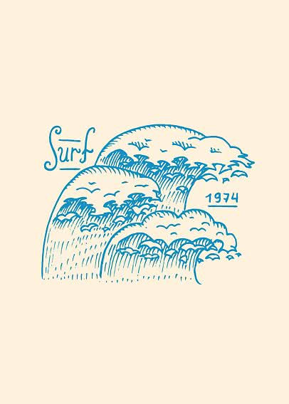 Blue line drawing of three ocean waves with the text "Surf 1974" on a beige background