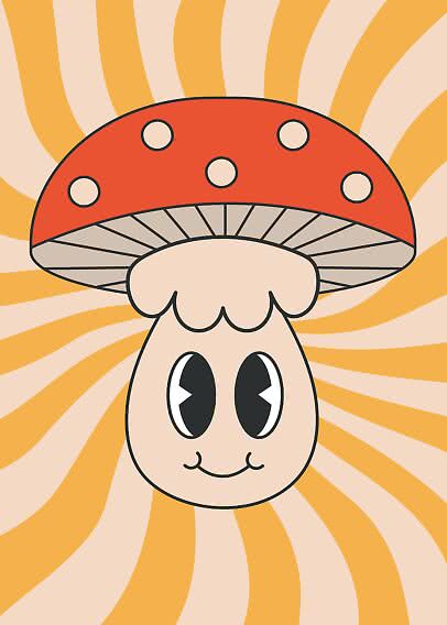 Niedliche illustrierte Pilzfigur mit rotem Hut vor orange-beigem Wellenhintergrund
