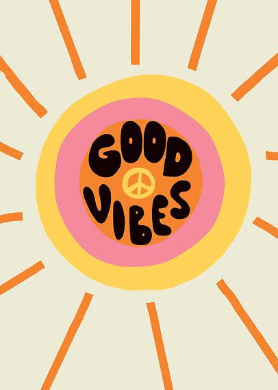 Retro-Illustration einer Sonne mit "Good Vibes"-Text und Friedenszeichen in der Mitte