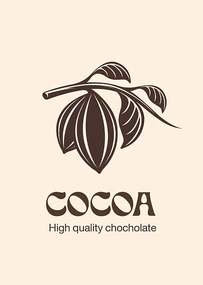 Stilisiertes Kakaopflanzen-Logo mit dem Text "COCOA High quality chocholate" auf beigem Hintergrund