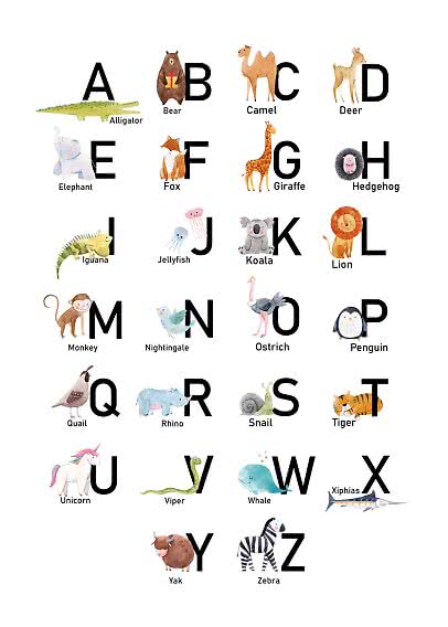 Animal alphabet poster with letters A-Z and cute watercolor animals for each letter on a white background.