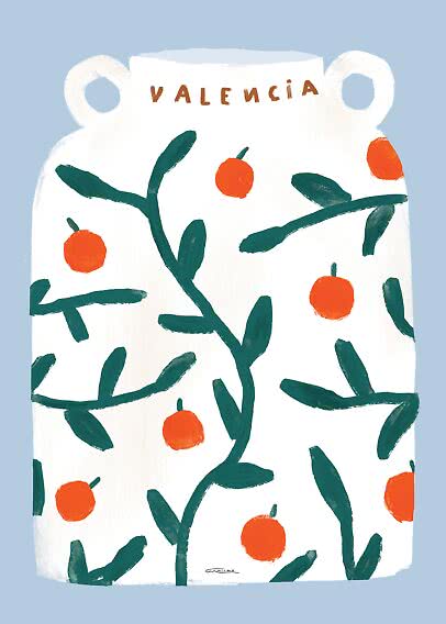 Illustration of a white vase with two handles, green branches, orange fruit and the word Valencia