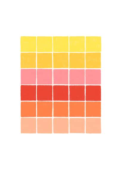 Grid of color swatches in yellow, pink, red, orange and peach tones on a white background
