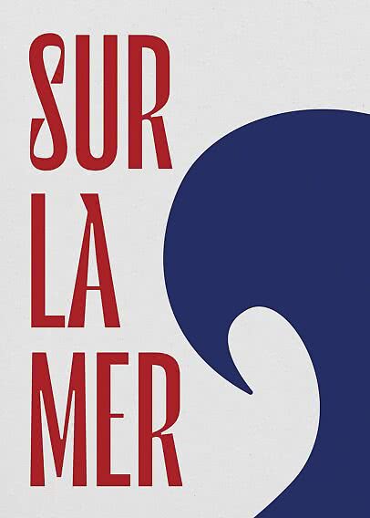 Póster gráfico con texto rojo "SUR LA MER" y una gran forma abstracta azul sobre fondo claro