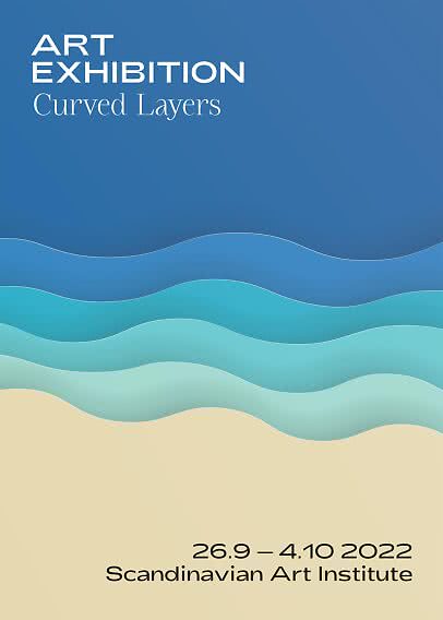 Affiche d'exposition d'art avec vagues bleues superposées et texte « Art Exhibition: Curved Layers ».
