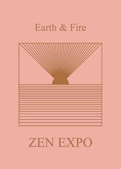 Poster mit "Earth & Fire" und "ZEN EXPO" sowie brauner geometrischer Sonnengrafik auf rosa Hintergrund