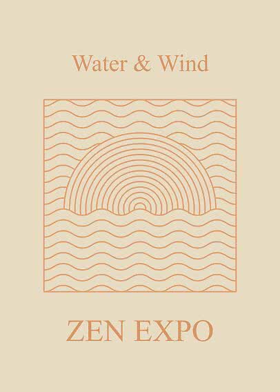 Beige plakat med orange bølger og halvcirkel, teksten "Water & Wind" og "ZEN EXPO".