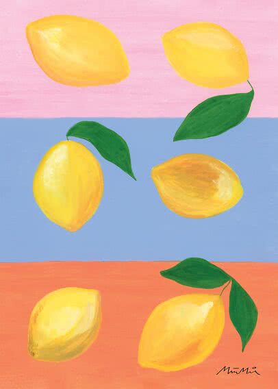Illustration af seks gule citroner med grønne blade på lyserød, blå og orange baggrund