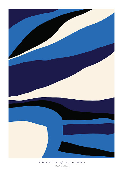 Abstract poster with wavy shapes in blue, cream, black and dark purple, with text "Nuance of summer"
