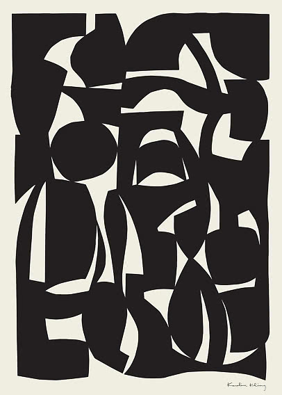 Abstraktes schwarz-weißes Poster mit organischen geometrischen Formen auf hellem Grund