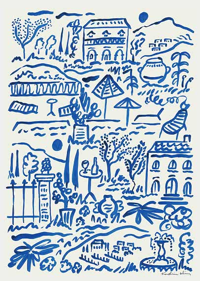 Blue and white landscape illustration with villas, trees, parasols, fountain and sea views